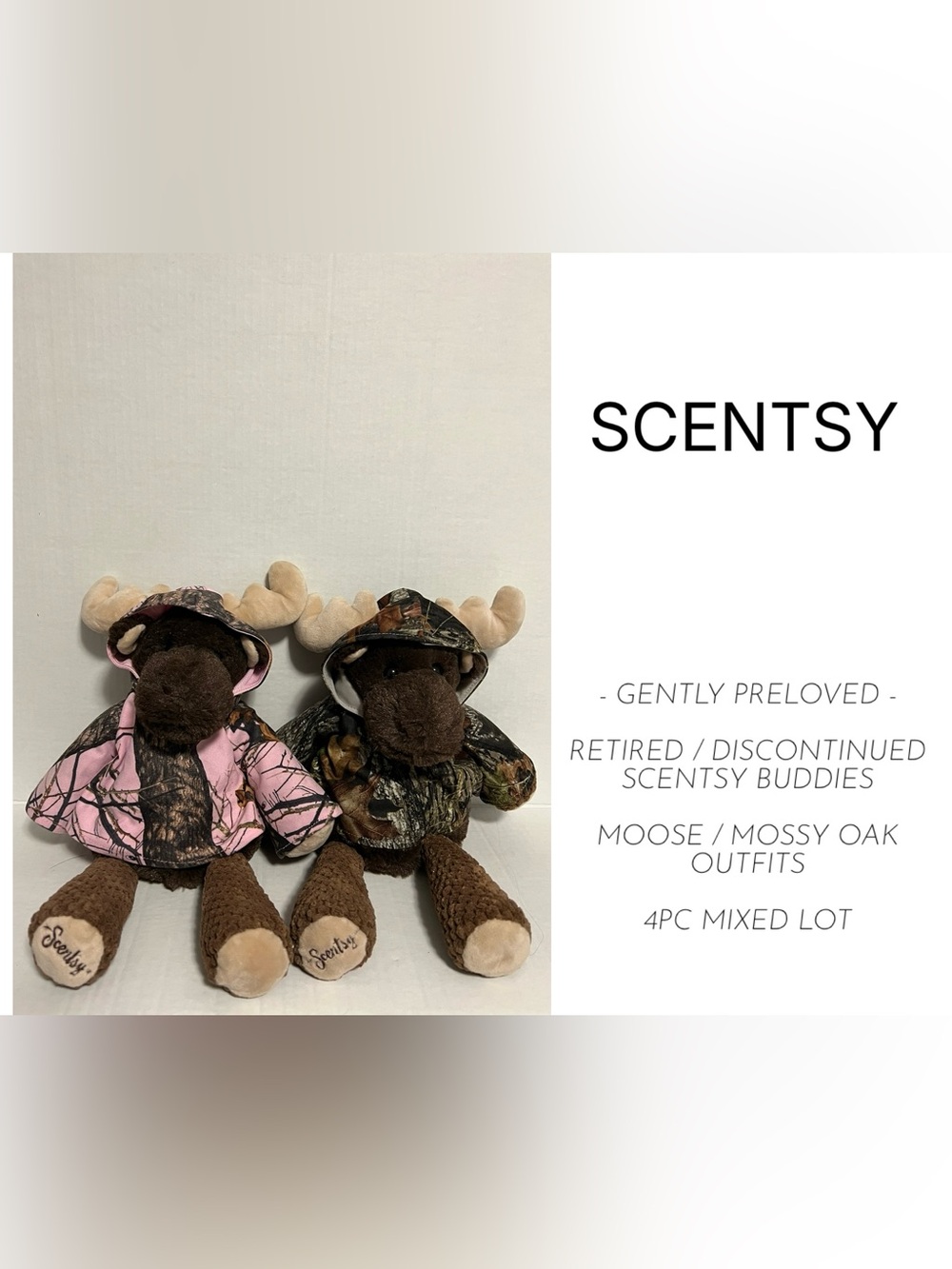 SCENTSY - GENTLY PRELOVED - SCENTSY BUDDIES / OUTFITS - 4PC MOOSE MOSSY OAK LOT